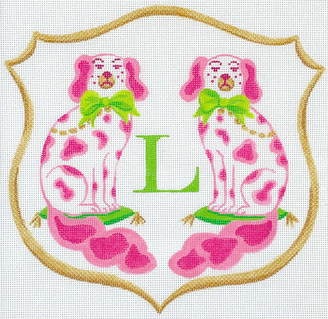 Monogram Crest – Staffordshire Long-tail Dogs w/ Bows – pinks, greens & gold
