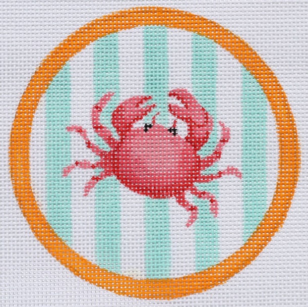 4" Round – Crab on Aqua Cabana Stripes