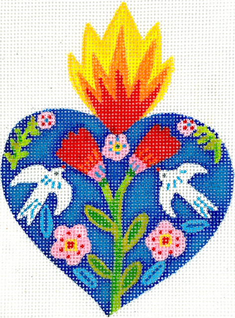 Julia Eves – Milagro Heart w/ Red Flowers, Doves & Red/Orange Flame