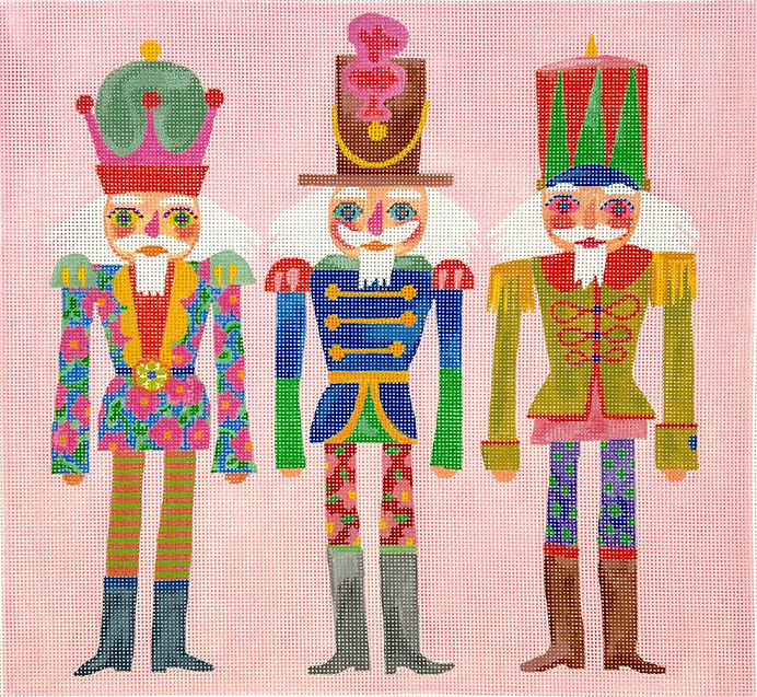 Shannon Snow – Three Colorful Nutcrackers – on pink background