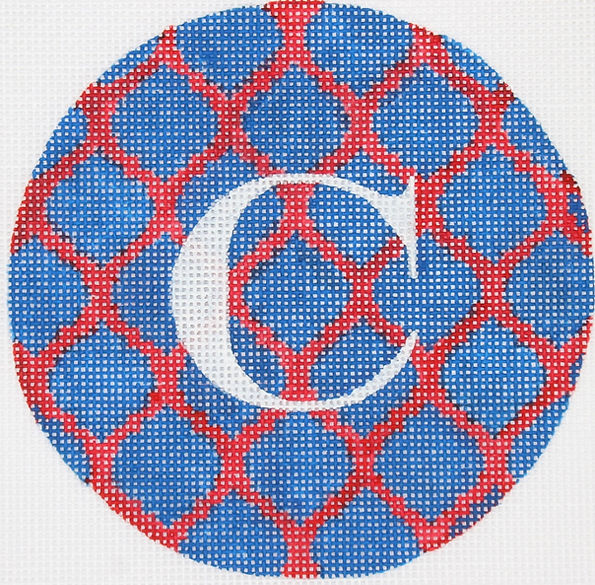 3" Round – Royal Blue Quatrefoils on Red with White letter