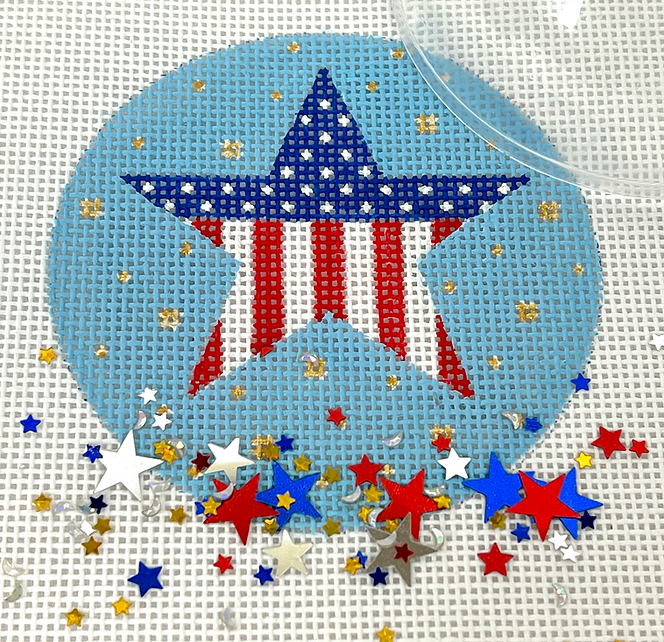 3” Round w/ Clear Dome & Confetti – Patriotic – Star w/ Gold Fireworks – on sky blue