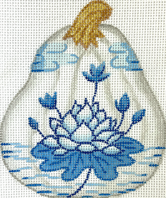 Mini Chinoiserie Pumpkin – Short Gourd Shaped w/ Lotus Flower & Clouds – white w/ blues & golds