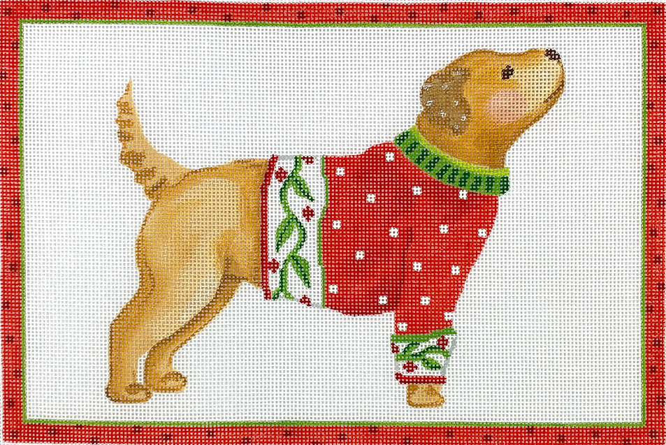 Sally Eckman Roberts – Yellow Dog in Red Sweater – yellow ochres, greens & reds