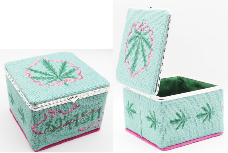 Drake Dickerson Limoges Box – Lg. Square Weed Stash Box – pinks & greens on turquoise (gold clasp)