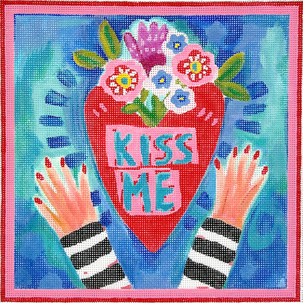 Julia Eves – “Kiss Me” Heart w/ Flowers & Hands – on blue/green background