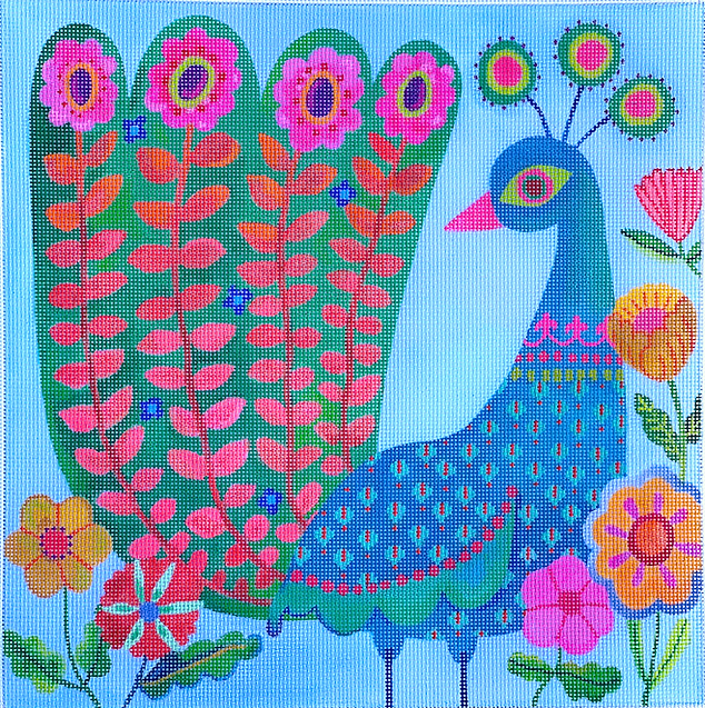 Shannon Snow – Peacock w/ Floral Tail – on medium blue