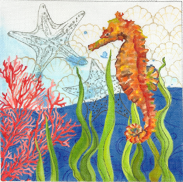 Sally Eckman Roberts – Oceana Seahorse w/ Coral, Seaweed, Shells & Starfish