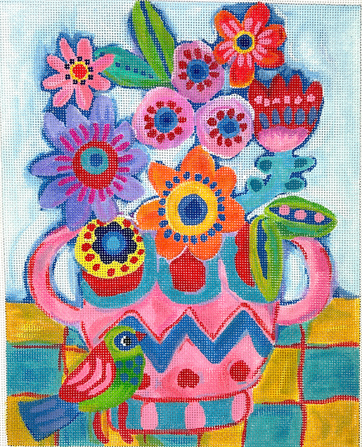 Julia Eves – Flowers in Pink & Blue Vase w/ Green Bird