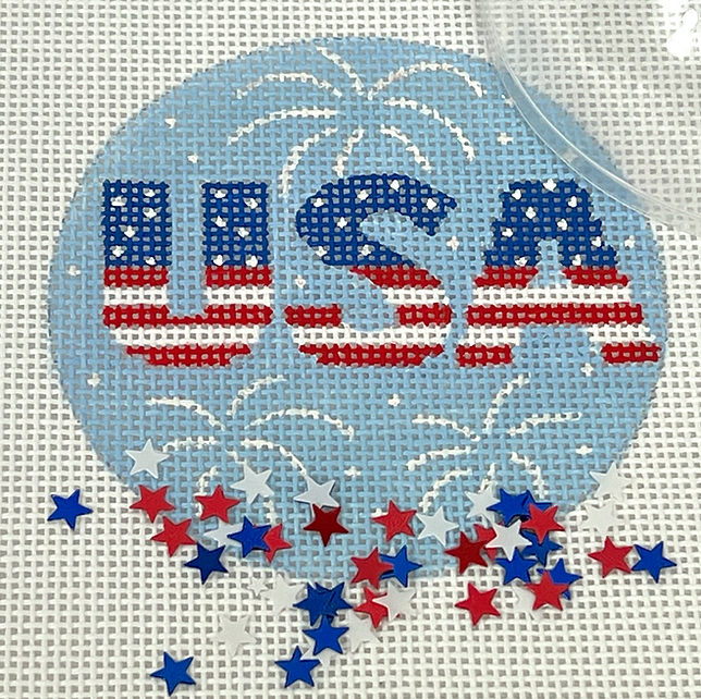 3” Round w/ Clear Dome & Confetti – Patriotic – USA w/ Sparkly White Fireworks – on sky