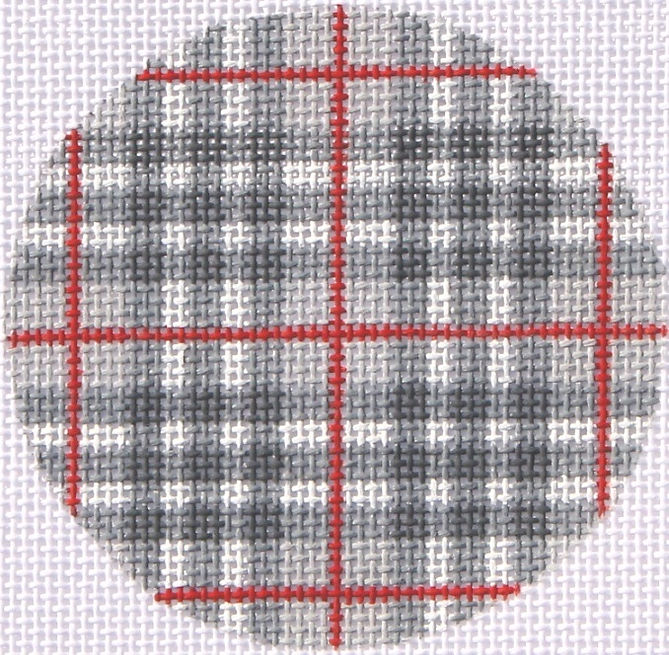 3" Round – Gentleman’s Plaid – grays, white & red w/ Black Letter