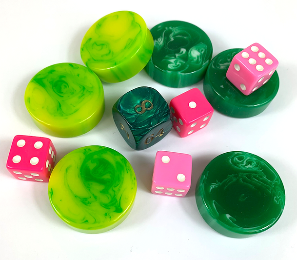 Accessory Set for Backgammon Board BGB-04 & BGB-06 – bright pinks & greens (4 colored dice, 1 doubling cube & 32 marbleized checkers)