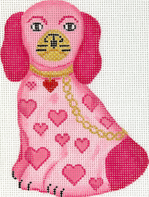 Mini Staffordshire Dog – Pink w/ Pink Hearts, Sparkly Red Heart Tag & Gold Chain