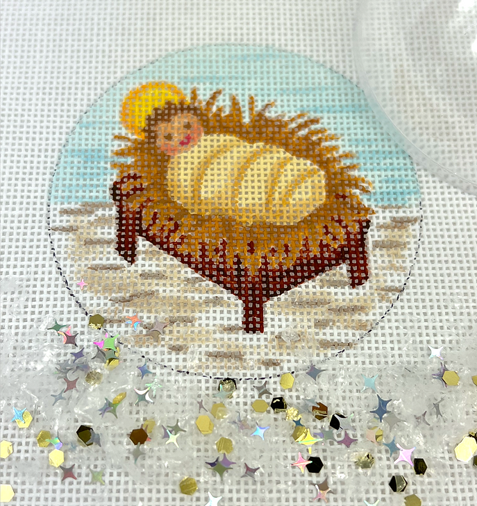 Christmas Ornament w/ Clear Dome Cover & Confetti – Baby Jesus in Manger