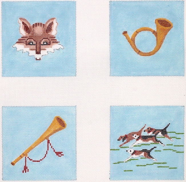 Set of 4 Coasters – Hunt Themes – on sky blue w/ brown border