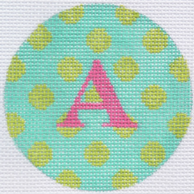 3" Round – Turquoise w/ Lime Polka Dots, Fuchsia Letter
