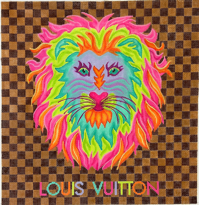 Designer Scarf Series – LV-Inspired – Colorful Lion on Brown Checkerboard