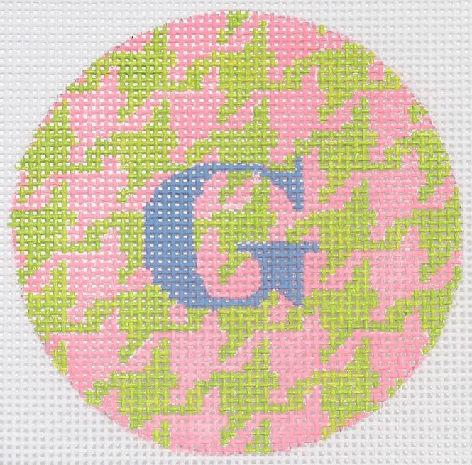 3" Round – Bright Pink & Lime Houndstooth, Periwinkle Letter