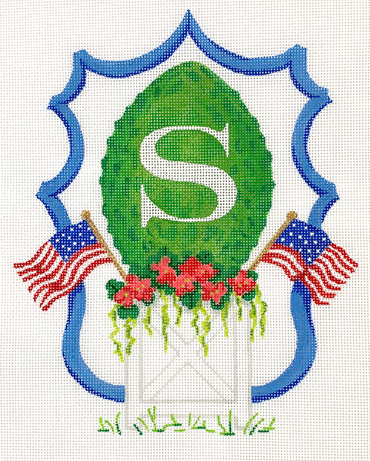 Monogram Crest – Planter w/ Topiary, Geraniums & American Flags