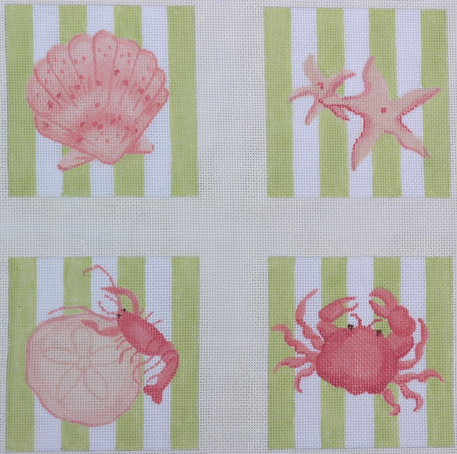 Set of 4 Coasters – Shells & Crustaceans on Cabana Stripes – corals & lime