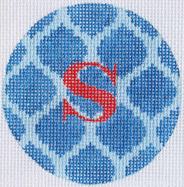 3" Round – Royal & Sky Blue Quatrefoil Damask, Red Letter