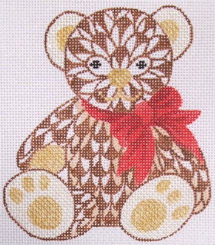 Mini Herend-style Fishnet Teddy Bear – Brown w/ Red Bow