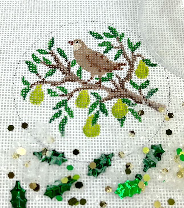 Christmas Ornament w/ Clear Dome Cover & Confetti – Partridge in a Pear Tree