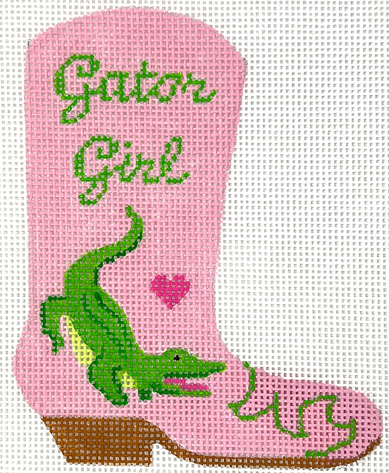 Mini Cowgirl Boot – “Gator Girl” w/ Green Gator on Soft Pink