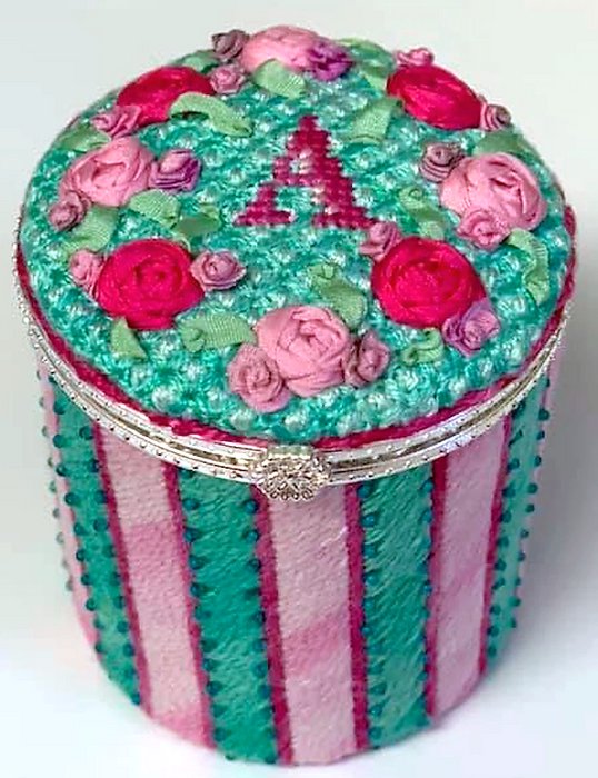 Limoges Box – Med. Round Wreath of Roses & Picot Ribbon Stripes – pinks, greens & Caribbean (silver clasp)