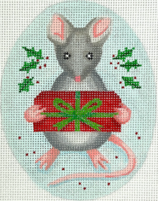Christmas Ornament – Mouse w/ Gift Box & Holly on Snowy Blue