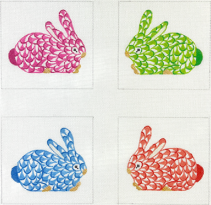 Set of 4 Coasters – Fishnet Crouching Bunnies – blues, greens, pinks & cinnabars