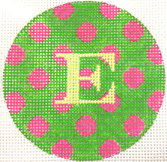 3" Round – Kelly Green w/ Fuchsia Polka Dots & Light Lime Letter