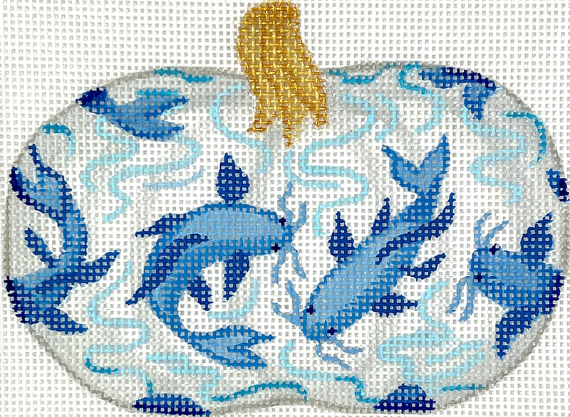 Mini Chinoiserie Pumpkin – Short & Wide w/ Koi Fish & Waves – white w/ blues & golds