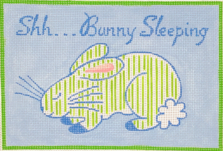 “Shh…Bunny Sleeping” – Jilly Walsh Blue & Green Striped Bunny – on light blue