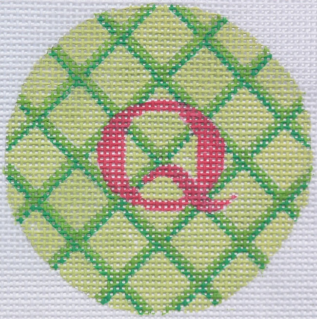 3" Round – Greens Crisscross, Watermelon Letter