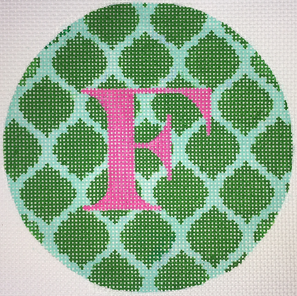 4” Round – Quatrefoils – emerald on aqua w/ fuchsia letter