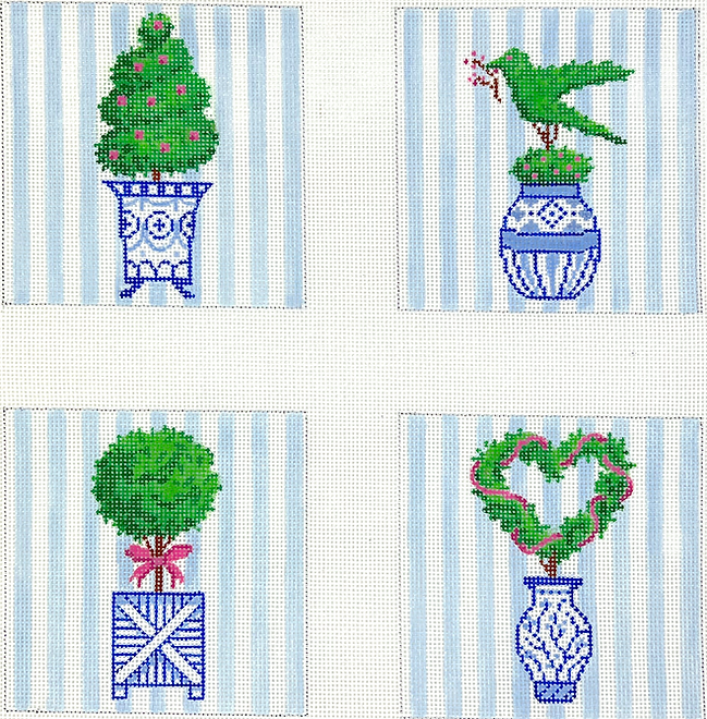 Set of 4 Coasters – Topiaries in Blue & White Pots
