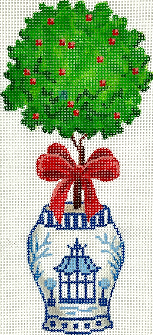 Christmas Ornament – Chinese Vase – Blue & White w/ Pagoda, Topiary & Red Bow