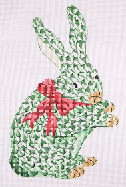 Herend-inspired Fishnet Bunny w/ Bow – Standing Emerald Bunny w/ Red Bow