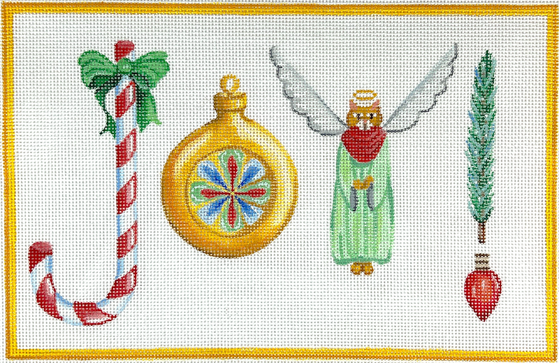Wendy Russell – JOY! w/ candy cane, bauble ornament, kitty angel, pine sprig & lightbulb