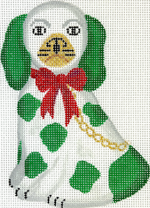 Mini Staffordshire Dog – White & Green w/ Gold Chain & Sparkly Red Bow (facing left)