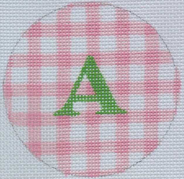 3" Round – Light Pink Gingham, Grass Green Letter