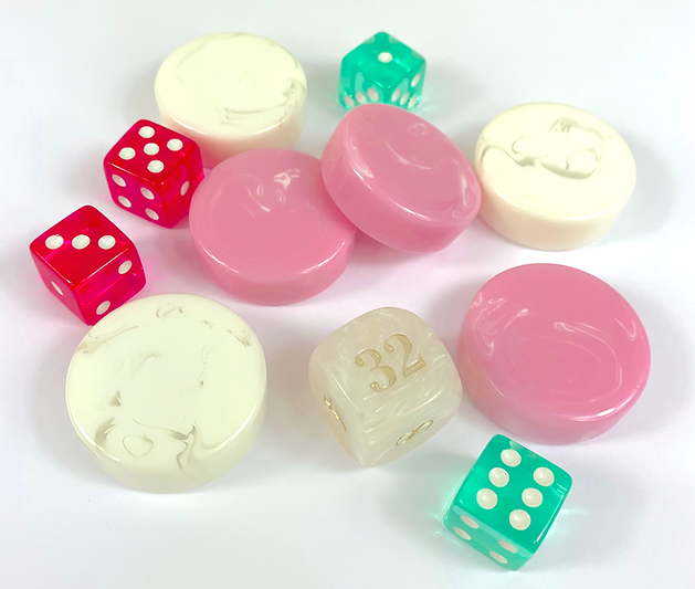 Accessory Set for Backgammon Board BGB-03 & BGB-05 – pinks, greens & turquoise (4 colored dice, 1 doubling cube & 32 marbleized checkers)