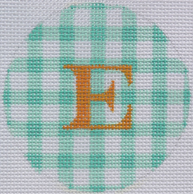 3" Round – Turquoise Gingham, Tangerine Letter