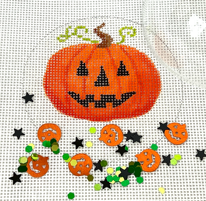 3” Round w/ Clear Dome & Confetti – Halloween – Jack-o-Lantern – on sparkly white