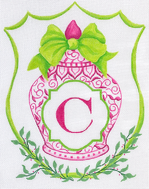 Monogram Crest – Chinese Vase with Bow – greens & pinks