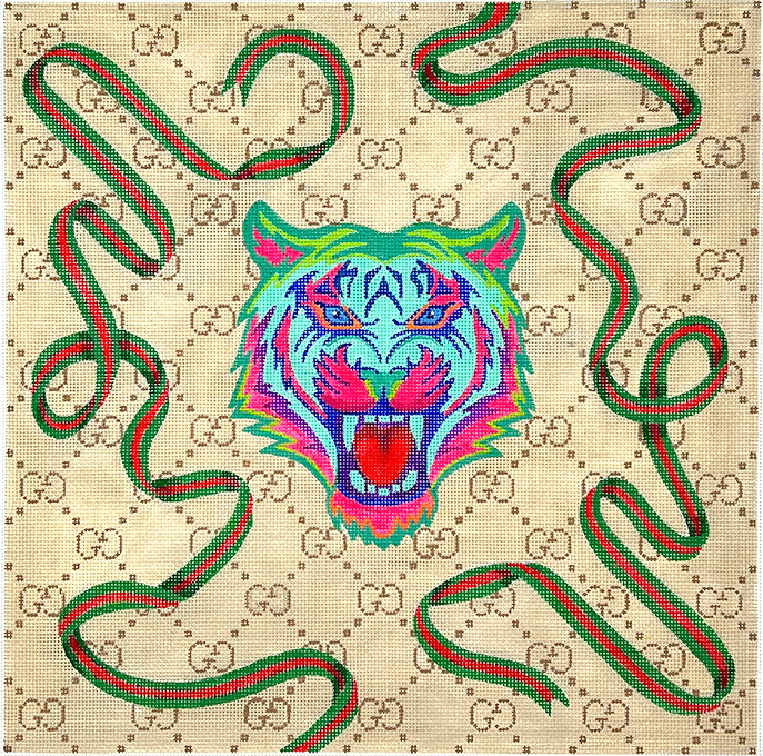 Designer Scarf Series – Gucci-Inspired Tiger w/ Green & Red Swirling Ribbons