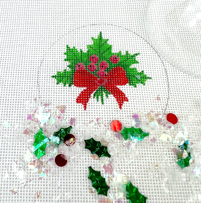 Christmas Ornament w/ Clear Dome Cover & Confetti – Holly w/ Berries & Red Bow