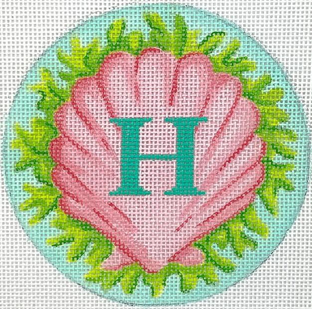 4” Round – Pink Scallop & Green Seaweed w/ turquoise letter