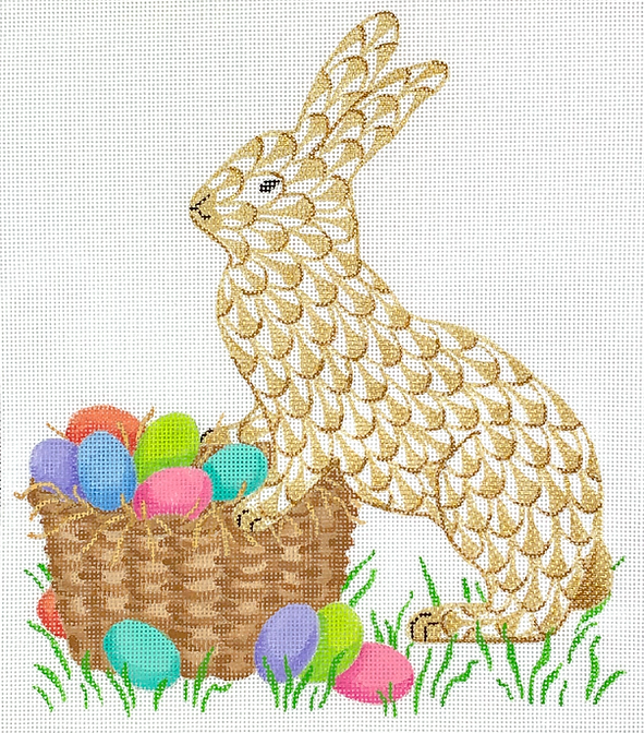 Herend-inspired Golden Fishnet Easter Bunny with Basket of Eggs (can be stitched as a stand-up)
